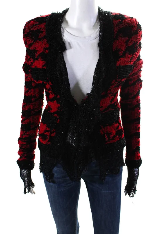 Balmain Women's Open Front Long Sleeves Sequin Pockets Jacket Red Black