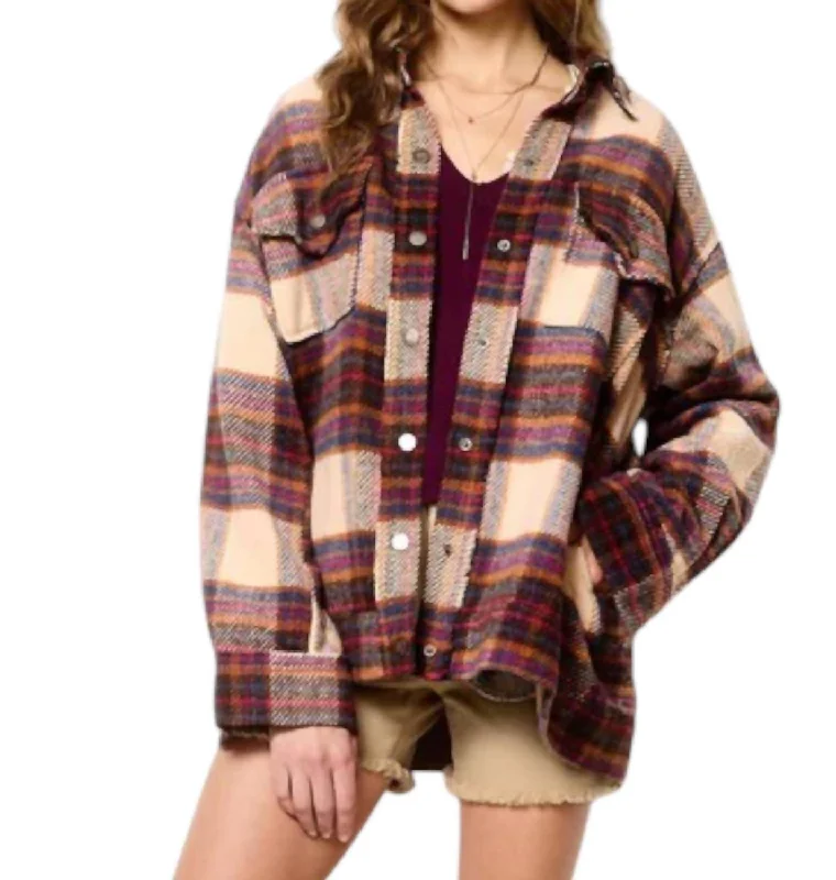 Beatrice Oversized Plaid Shacket In Coco