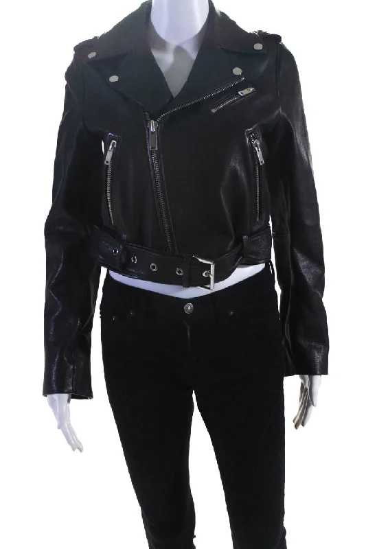 Borboniana Womens Front Zip Collared Leather Motorcycle Jacket Black