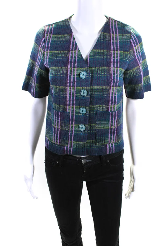 Catherine Andre Womens Short Sleeve Knit Plaid V Neck Jacket Multicolor Large