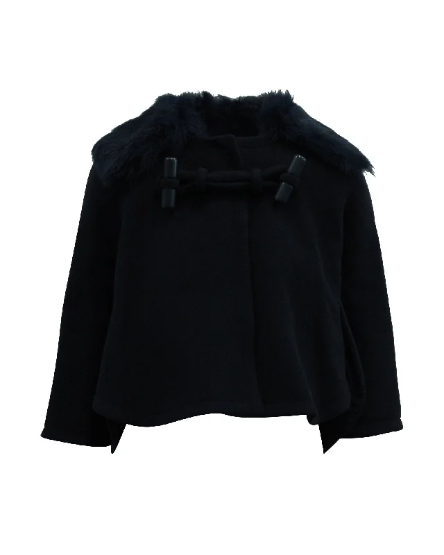 Chloe Short Coat with Fur Collar in Navy Blue Wool