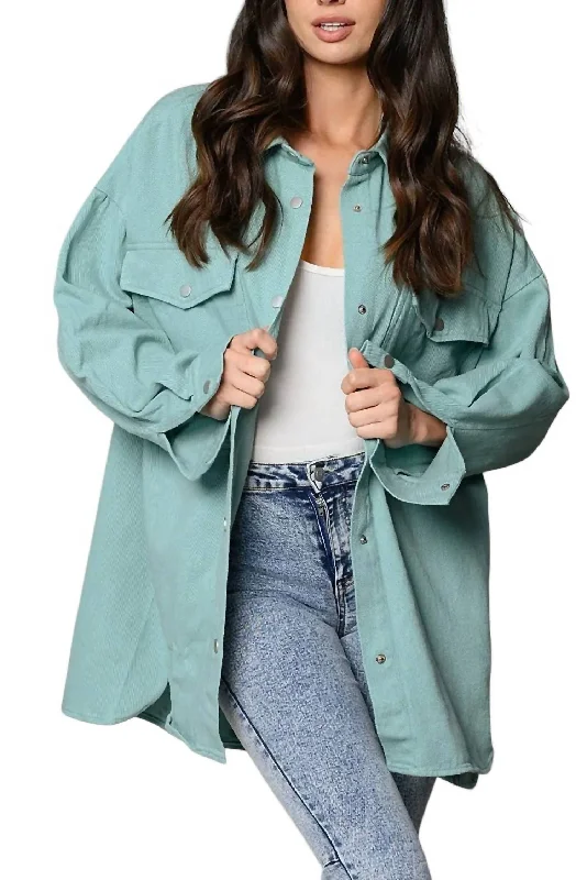 Denim Button Up Shacket In Blue