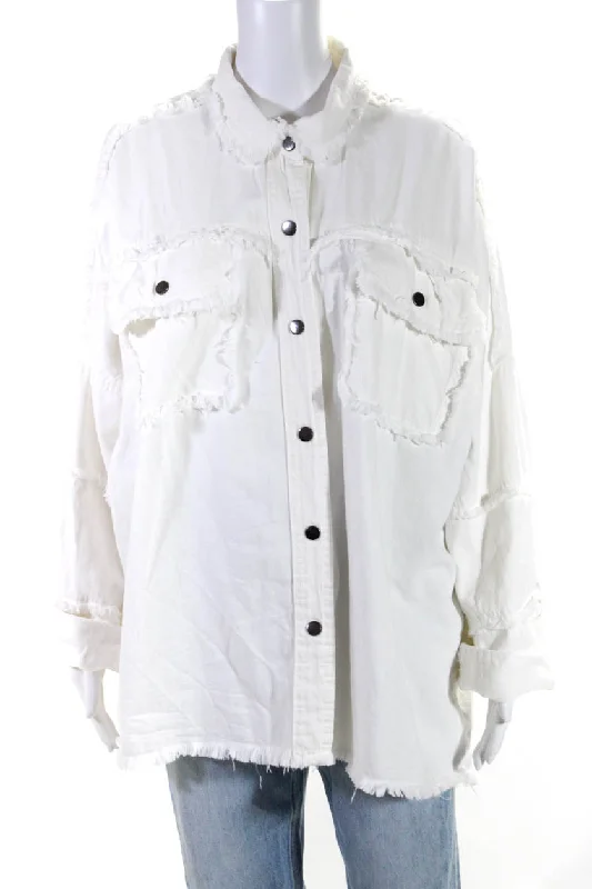 Elan Womens Button Front Collared Fringe Jean Jacket White Cotton