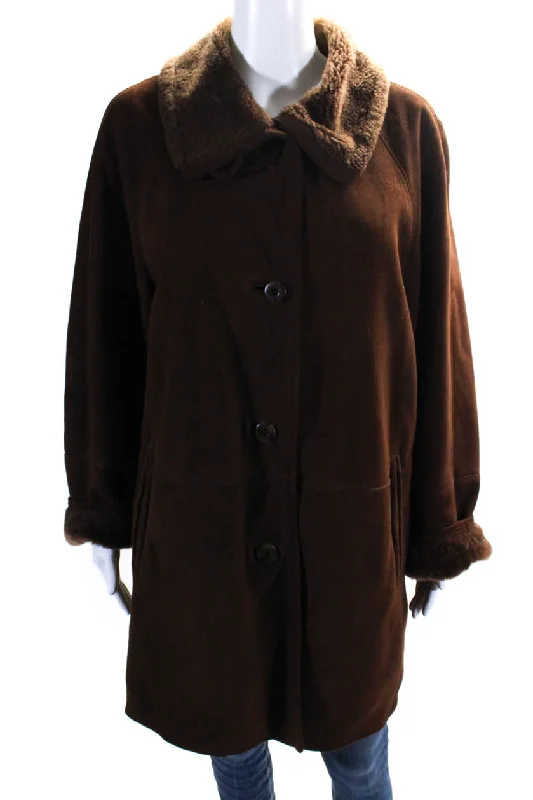 Gimos Womens Shearling Lined Darted Collar Button Long Sleeve Coat Brown