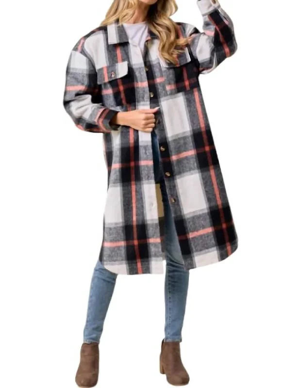 Hayley Brushed Plaid Longline Shacket In Black/chocolate