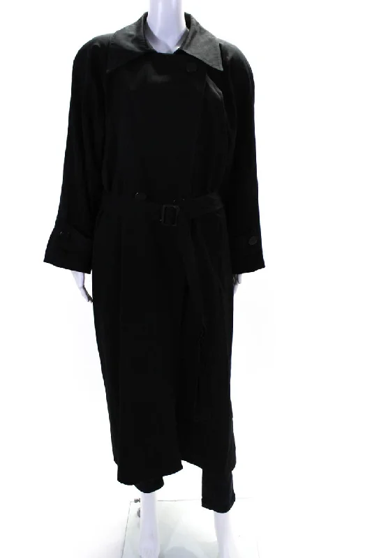 Linda Richards Womens Button Down Trench Coat Black Wool