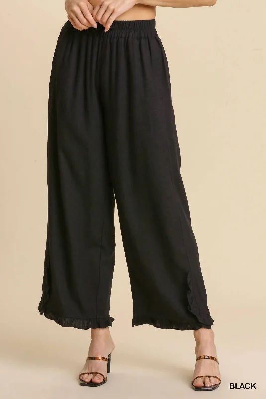 Linen Blend Elastic Waist Ruffle Pants - Plus In Black