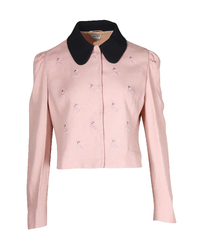 Miu Miu Dog Motif Embellished Cropped Jacket in Pink Acetate