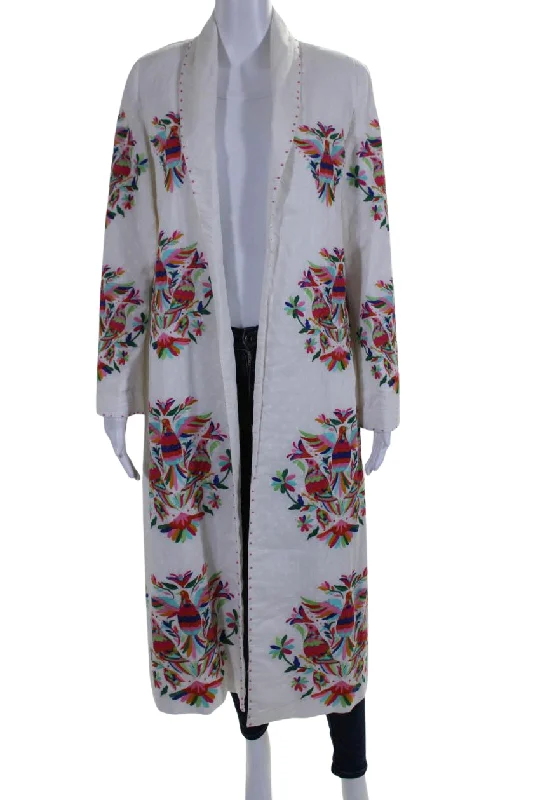 Nimo Womens Open Front Embroidered Floral Bird Long Jacket White Cotton