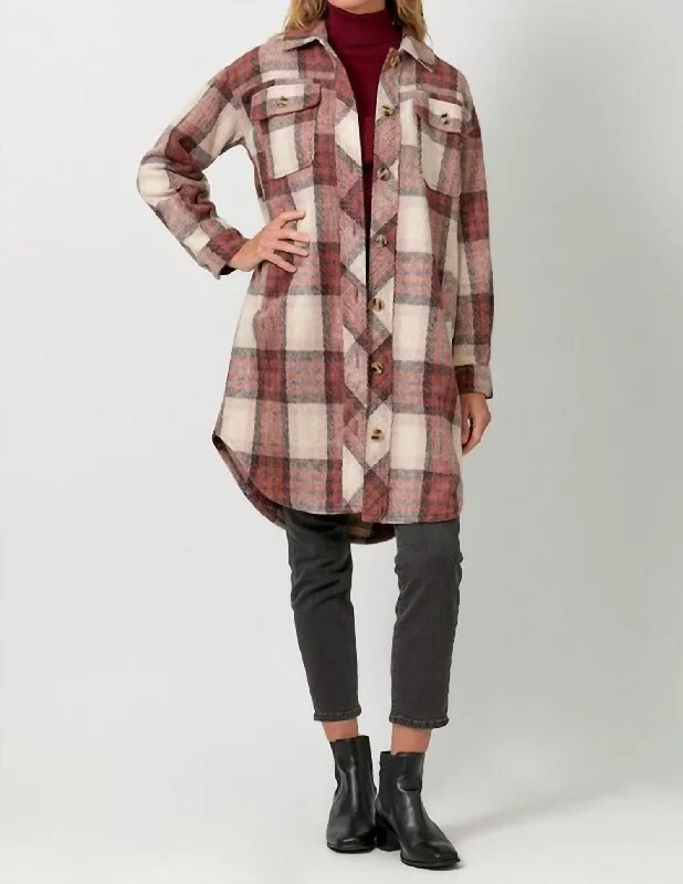 Noelle Plaid Longline Shacket In Red Multi