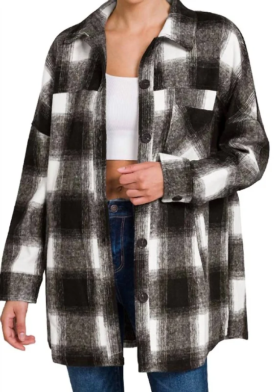 Oversized Buffalo Plaid Shacket In White/black