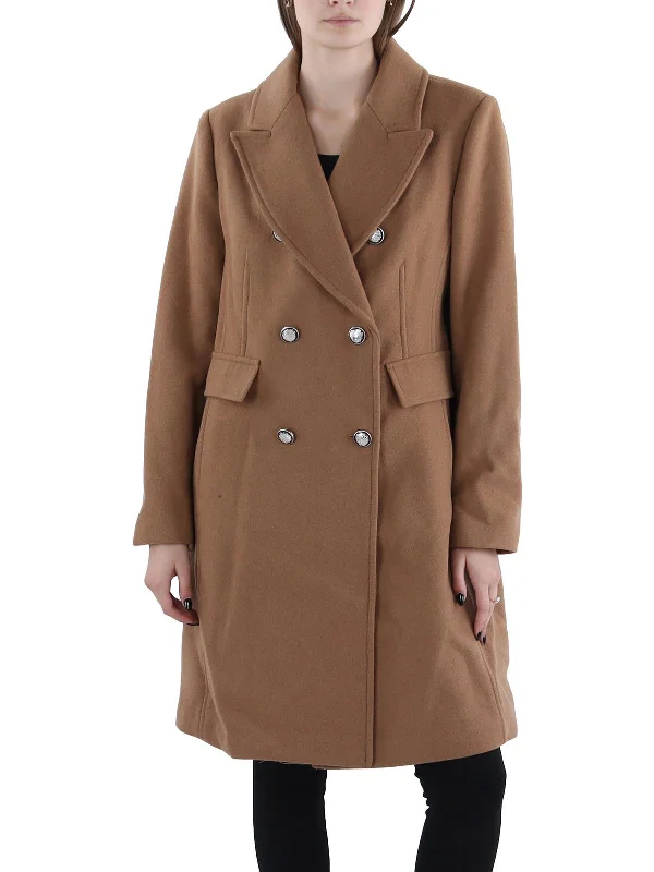 Petites Womens Wool Blend Collared Wool Coat