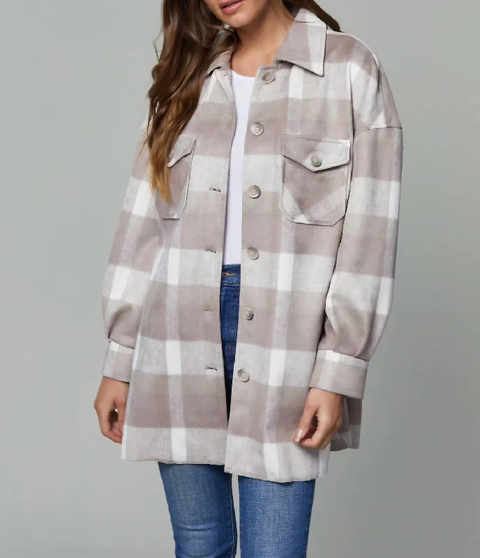 Plaid Shacket Front Pockets In Taupe