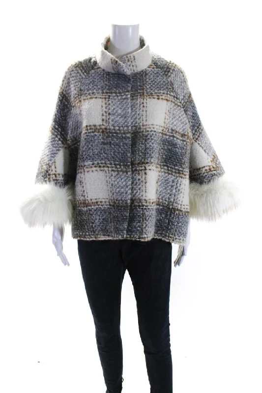 Pologeorgis Womens Fox Fur Trim Plaid Dolman Sleeve Jacket Gray White