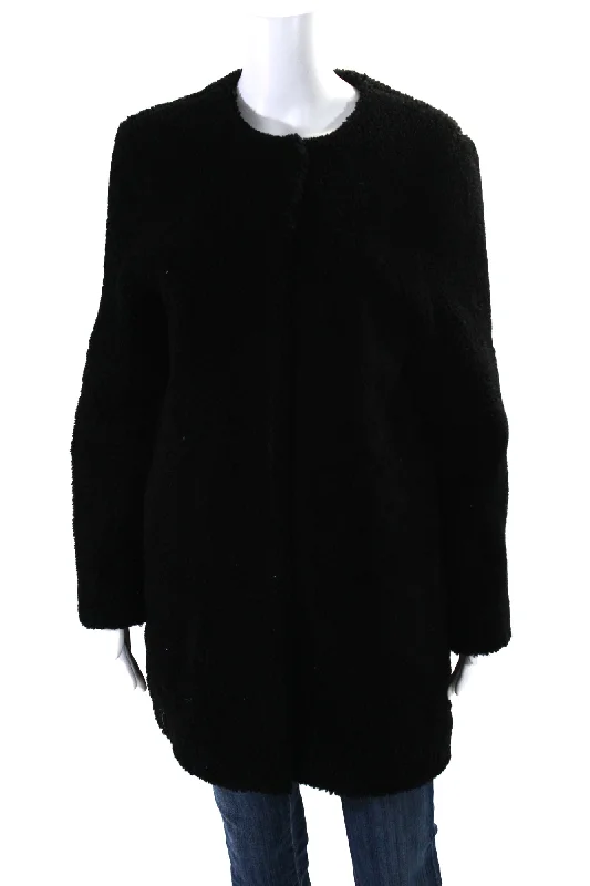 Pologeorgis Womens Long Sherpa Sheep Fur Snap Coat Jacket Black