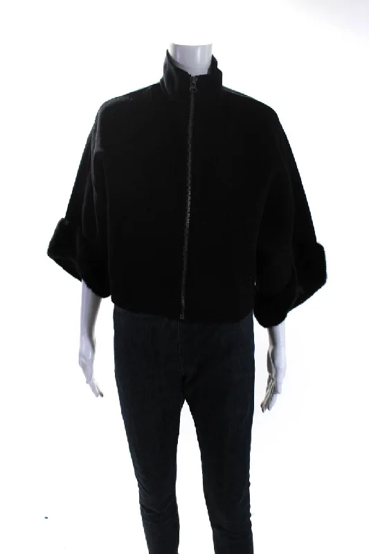 Pologeorgis Womens Mink Fur Trim Dolman Sleeve Maren Fleece Jacket Black