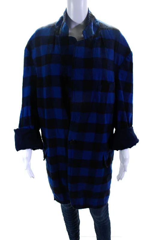 R13 Womens Cotton Check Print Buttoned Long Sleeve Collared Jacket Blue