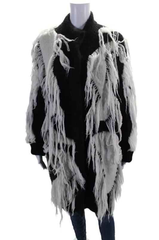 Salvatore Ferragamo Womens Black White Fringe Textured Long Sleeve Jacket