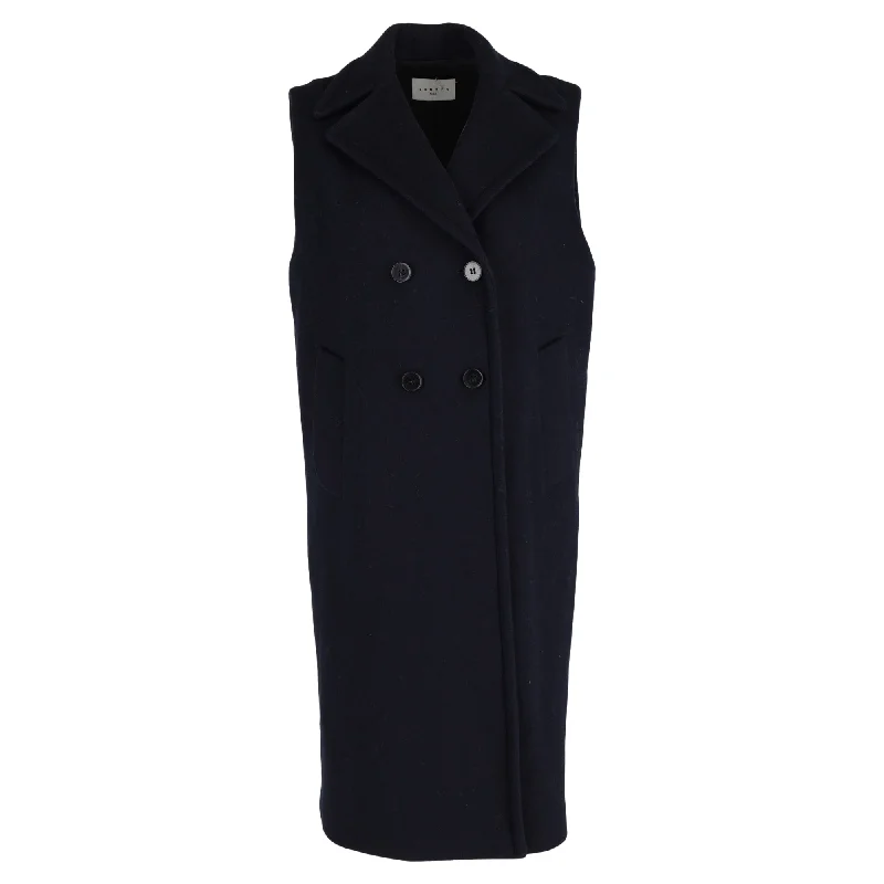 Sandro Paris Double-Breasted Sleeveless Coat in Navy Blue Wool