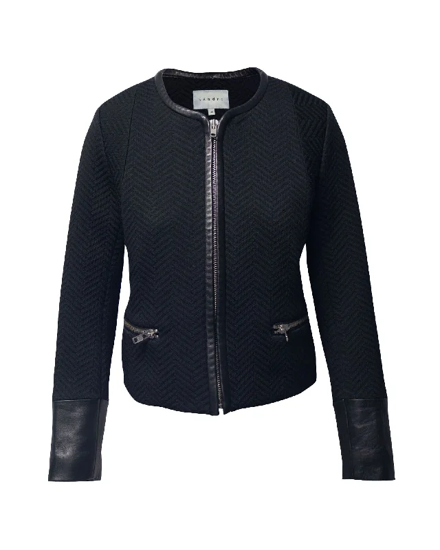 Sandro Paris Jacket with Leather Cuffs in Black Polyester