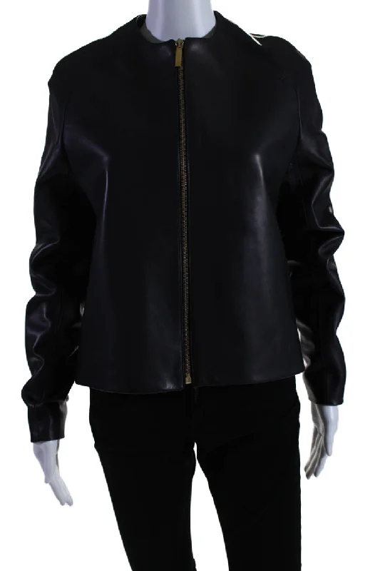 The Row Womens Black Leather Silk Lining Full Zip Crew Neck Jacket