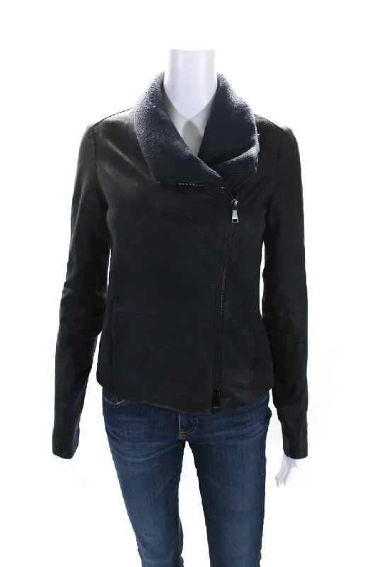 Vince Womens Navy Blue Leather Cowl Neck Full Zip Long Sleeve Jacket