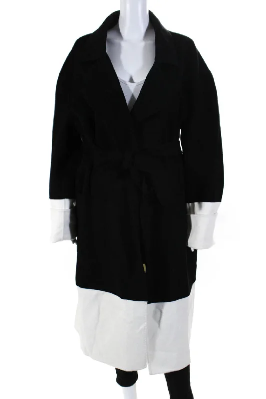 Wolk Morais Womens Belted Double Sided Cashmere Long Coat Black White