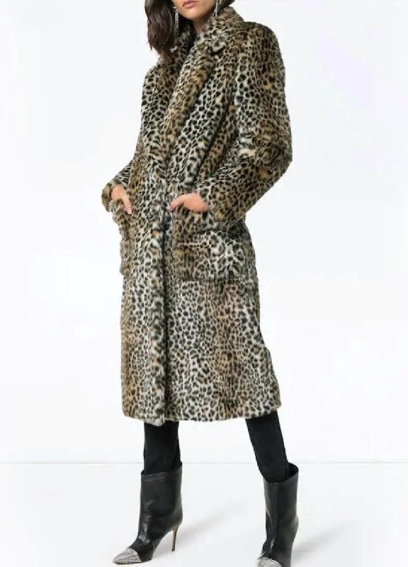 Womens Faux Fur Leopard Long Coat with Pockets