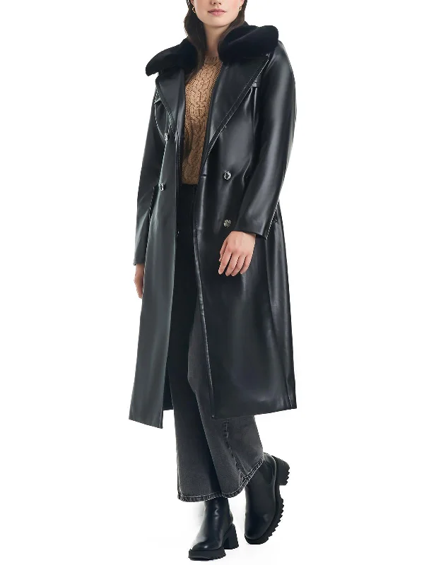 Womens Faux Leather Long Trench Coat