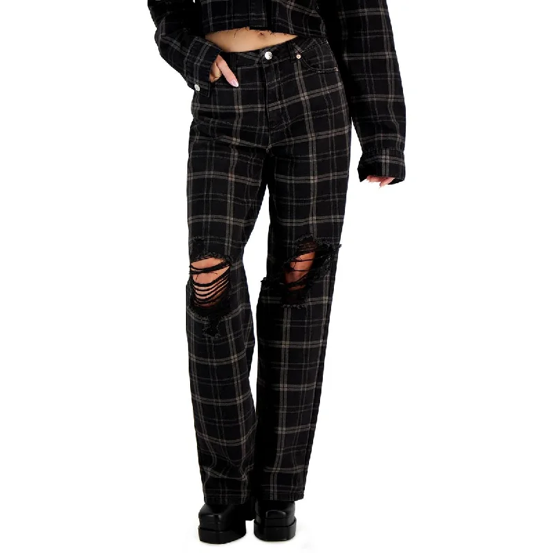 Womens High Rise Plaid Straight Leg Jeans