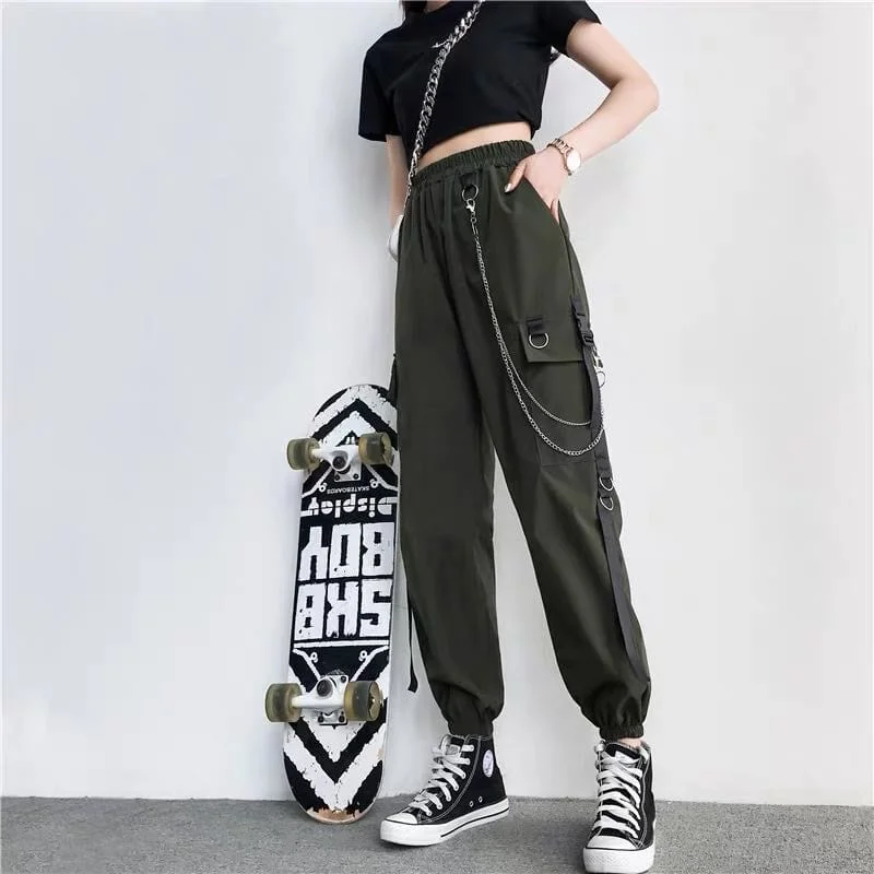 Women's Punk Big-pocket Jogger Pants with Chain