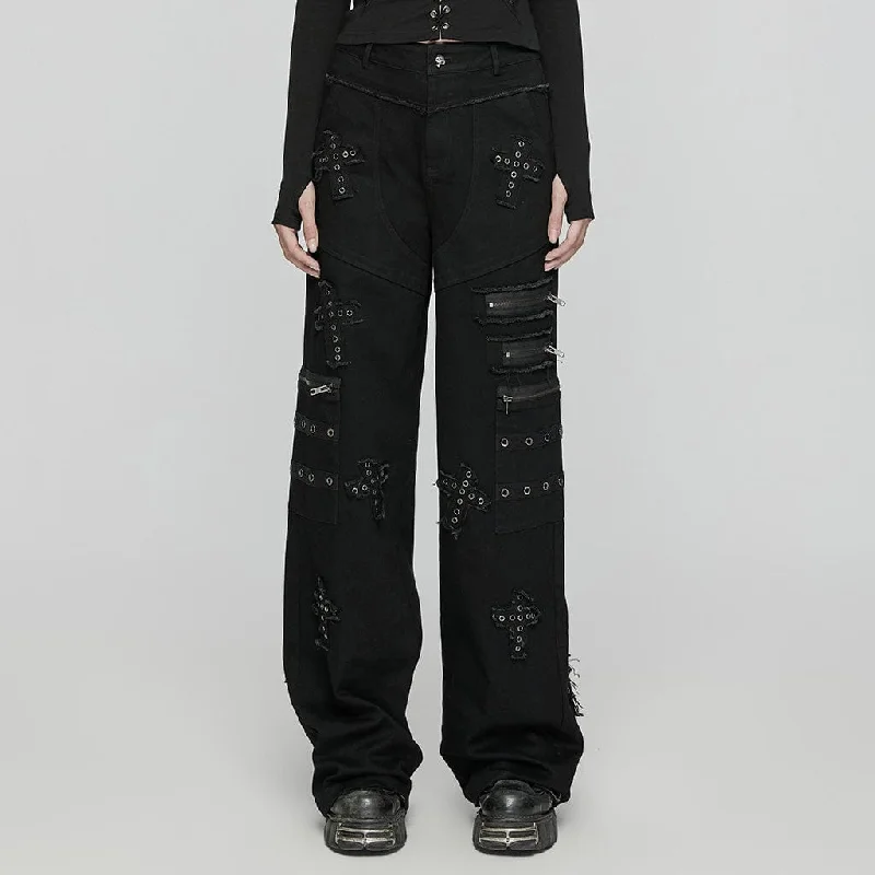 Women's Punk Cross Patch Big-pocket Denim Pants